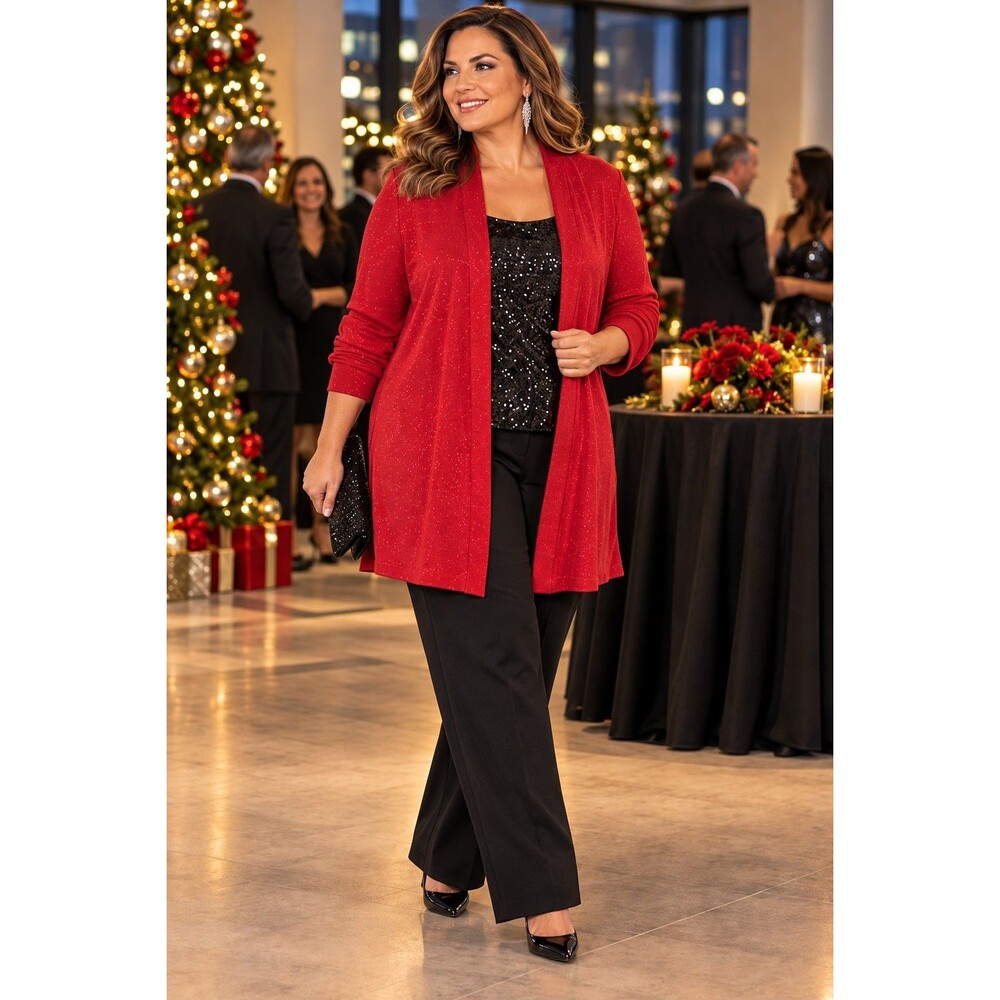 Lane Bryant Women’s 18/20 Red Sparkle Open Front Cardigan Ruched Sleeve NWT